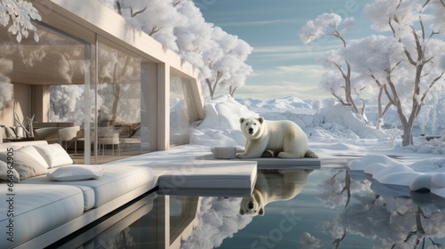 As the winter snow and ice surround him, a majestic polar bear perches on a ledge overlooking a frozen pool, embodying the untamed spirit of the wild