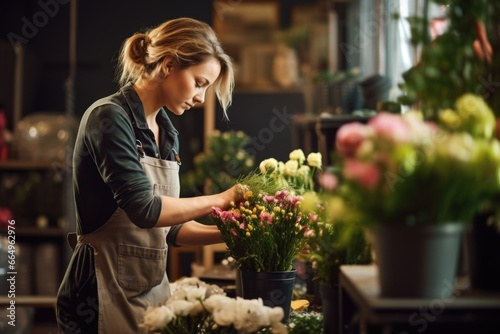 florist arranging flowers for a funeral at a shop photo