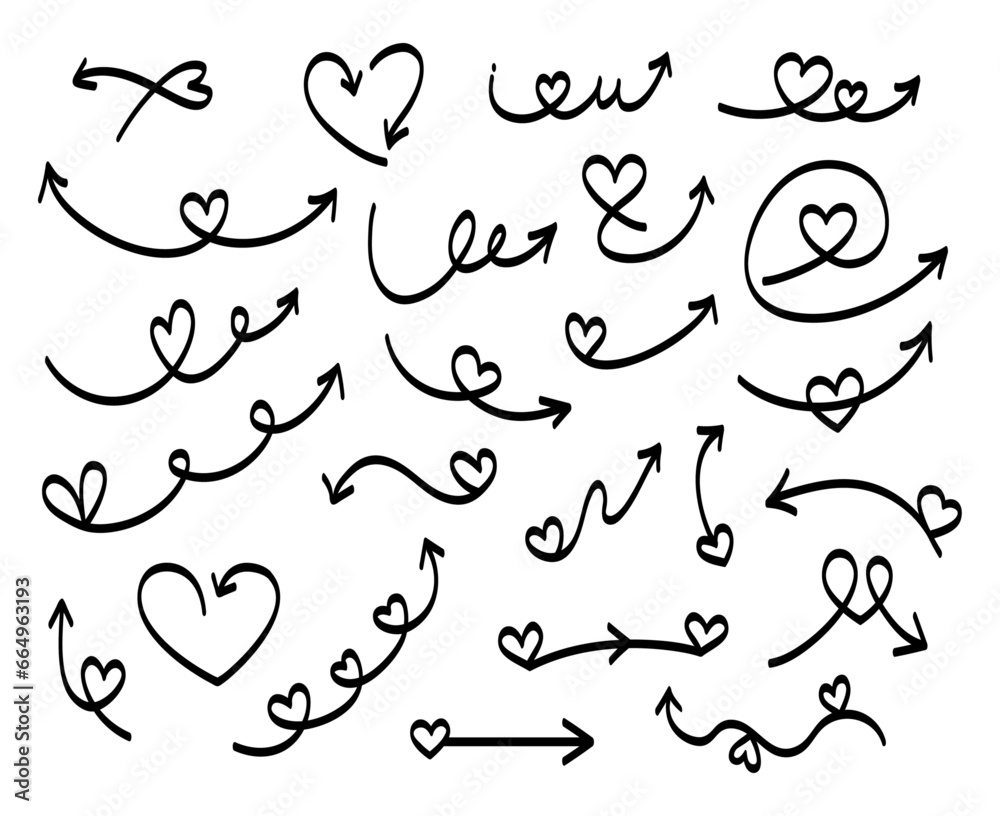 set of doodle love heart arrows