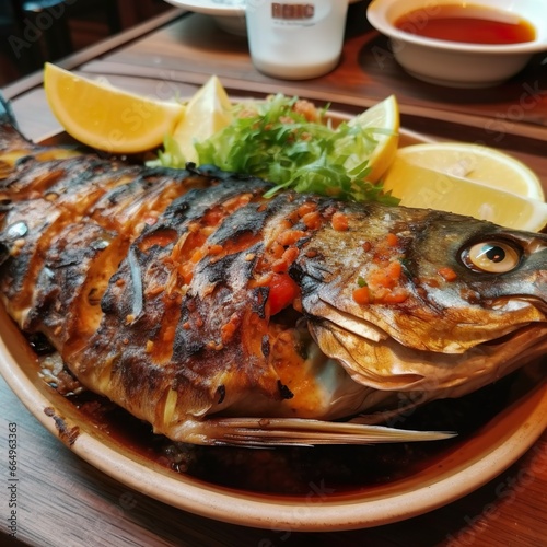 Savory Seafood Delights: Grilled Trout, Sardines, and Fresh Vegetable Salad