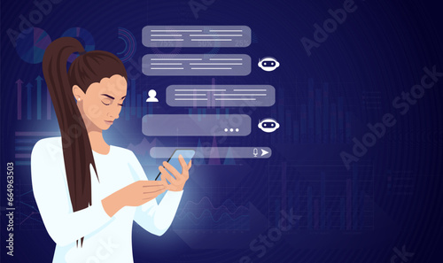Woman using chat bot to text online with friend. Dialogue speech bubble hologram. Network interface. Artificial intelligence technology. Digital machinery. Futuristic innovation. Vector illustration