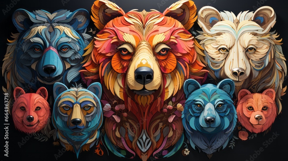 A vibrant herd of majestic bears, adorned with a mesmerizing display of painted patterns, radiating the beauty of nature's diverse artistry