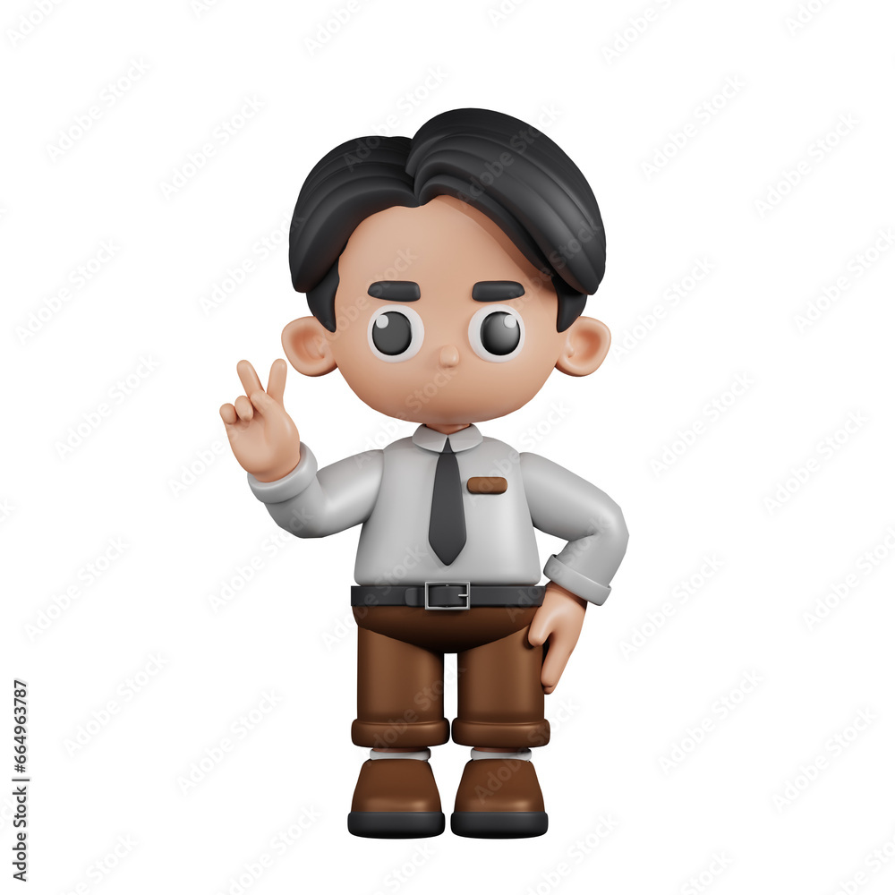 3d Character Businessman Showing Peace Sign Pose. 3d render isolated on transparent backdrop.