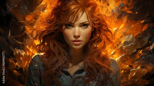 A fiery fashionista captured in a striking portrait, her long red hair blazing with intensity as she dominates the screen