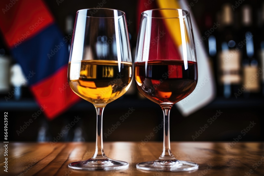 a pair of wine glasses with flags of different countries behind them