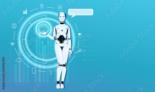 Humanoid robot character touching circle hologram. Network interface. Artificial intelligence technology. Chat bot digital machinery. Virtual globe. Futuristic innovation. Vector illustration