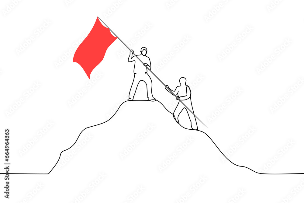 men-planting-a-red-flag-on-the-top-of-a-mountain-one-line-art-vector