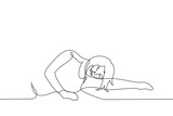 woman lies on the floor or ground with a grimace of pain or crying - one line art vector. concept of being upset, hysterical on the floor