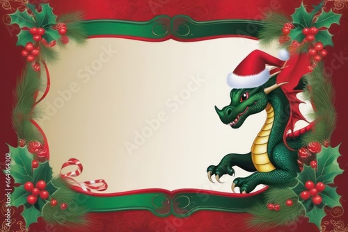 Merry Christmas and Happy New Year greeting card design with dragon and decorations with copy space. Generative AI