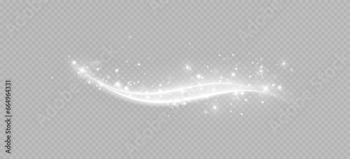 A transparent light effect with a curved and wavy surface. White sparkles sparkle with their light effect. Bright white lines. Abstract lines of movement. Light trace wave.	