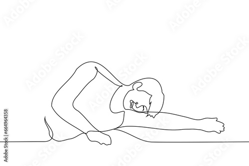 man lying on the floor or ground with a grimace of pain or crying - one line art vector. concept of being upset, hysterical on the floor