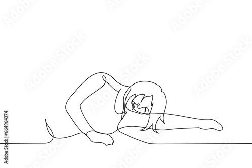 woman lies on the floor or ground with a grimace of pain or crying - one line art vector. concept of being upset, hysterical on the floor