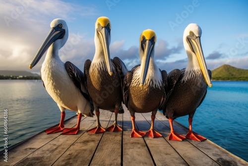 pelicans standing on a dock over ocean waters photo