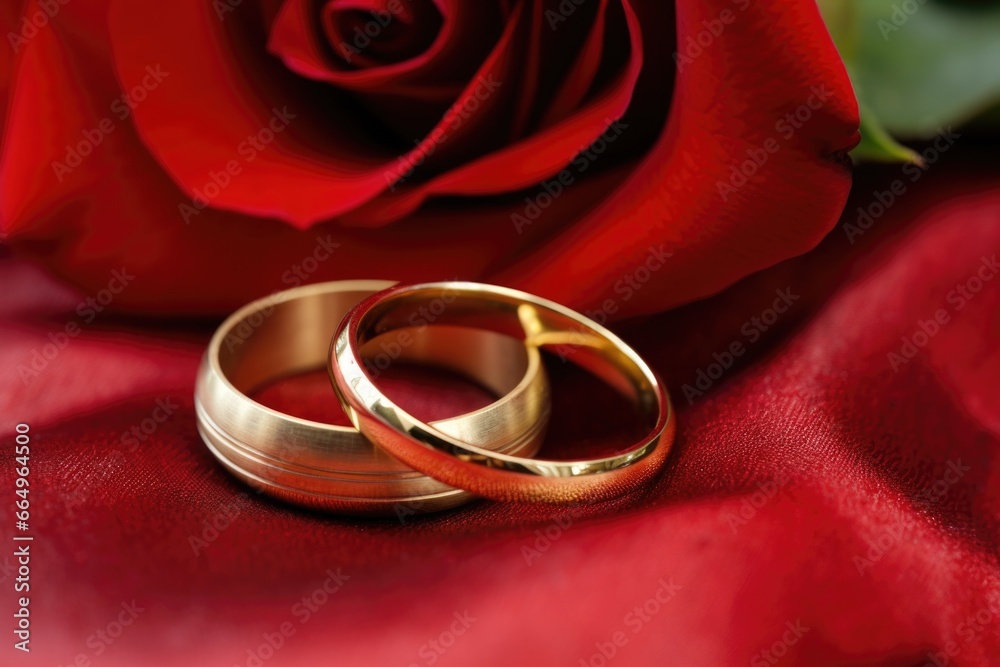 two gold wedding bands nestled in a bright red rose two gold wedding bands nestled in a bright red rose