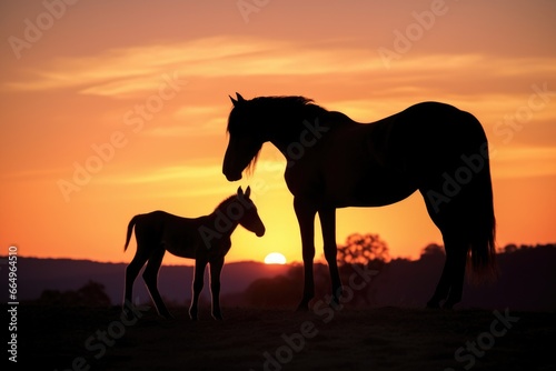 a silhouette of a mare with her foal at sunset
