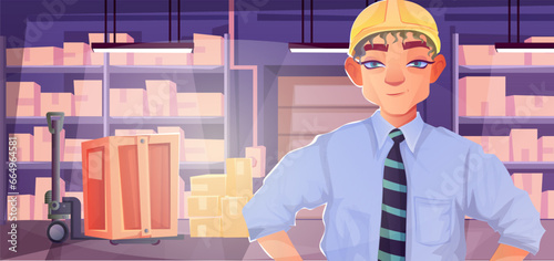Cartoon warehouse interior with forklift. Businessman in helmet. Rack with carton boxes. Shelves with goods, various parcels. Crowded stockroom storage. Logistic delivery. Vector illustration