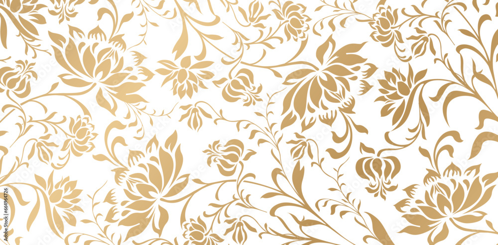 vector illustration seamless pattern with peony flowers leaves golden colors hand drawn floral ornament for wedding invitation, greeting cards, textile, wallpapers, packaging, wrapping papers material - obrazy, fototapety, plakaty 