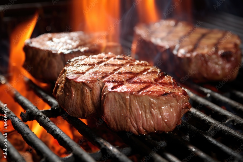 close-up of steaks sizzling on a barbecue grill
