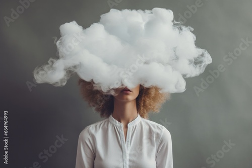 Woman with cloud over his head depicting solitude and depression photo