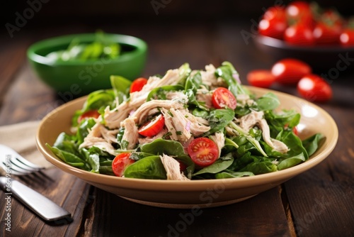 a chicken salad with leafy greens and tomatoes