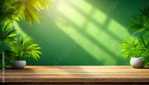 Green background with green leaves on a wooden surface.