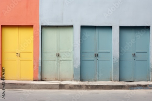 brightly painted doors in a dull gray wall