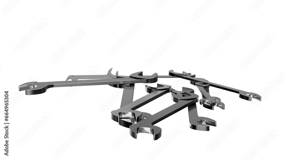 Open-end wrenches scattered on a plane. Isolated. 3D Rendering.