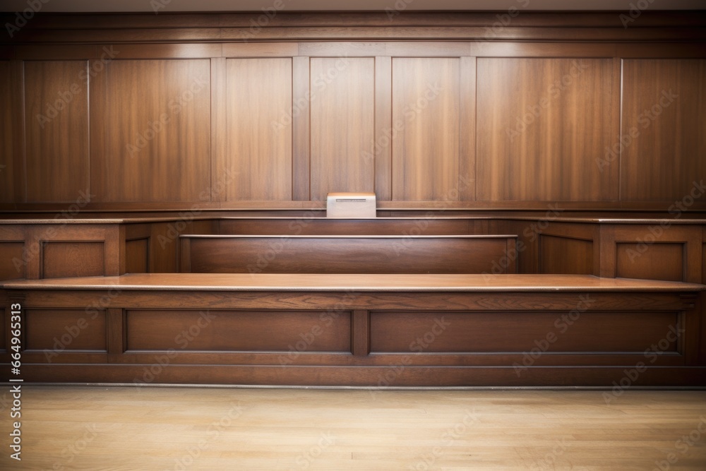 bare, wooden judges bench in a courthouse