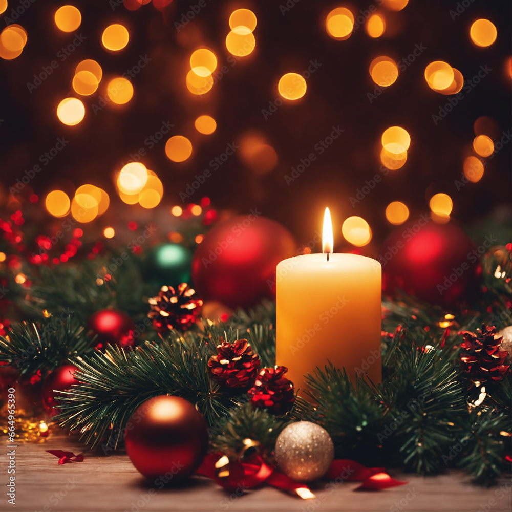 Christmas illustration with burning candle, Christmas tree branches, colored balls and other decorations. Generative AI Christmas illustration with burning candle, Christmas tree branches, colored balls and other decorations. Generative AI
