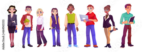 Set of student characters in row. Cute cartoon design. Collection of young male and female teen age person in casual clothes holding laptop, notebook. Isolated on white background. Vector illustration