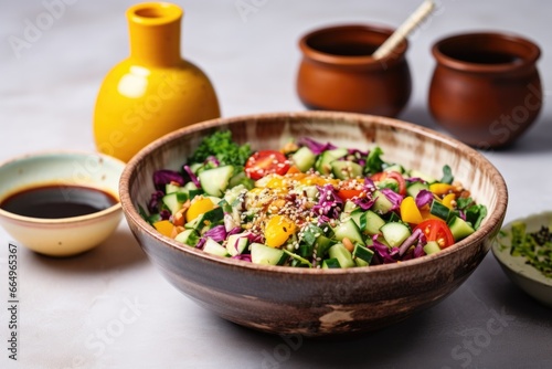 a ceramic bowl full of colorful salad with dressing on the side