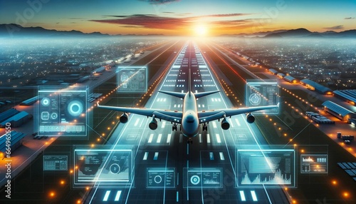 Airplane on runway - logistics data - blue, red sunset
