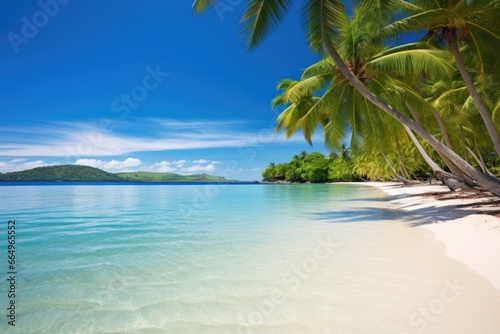 a pristine tropical beach with palm trees and crystal blue water