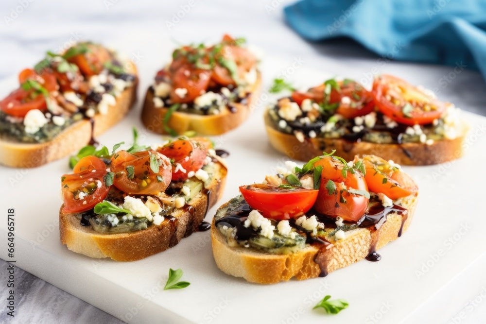 variety of blue cheese bruschetta on a marble countertop