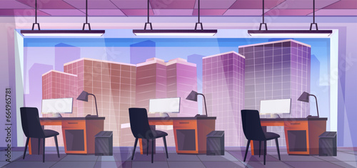 Modern co-working office interior. Cute cartoon design. Large panoramic window with city skyscraper view. Desk and table with computer and armchair. Employee and colleague concept. Vector illustration