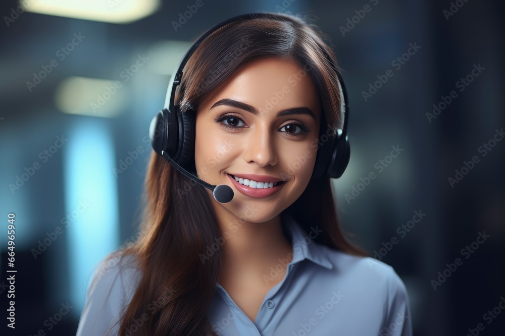 A happy employee wearing a headset while working created with Generative AI technology A happy employee wearing a headset while working created with Generative AI technology