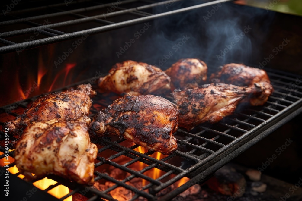 charred chicken on an outdoor barbecue with smoke
