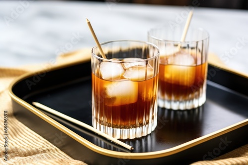 glass with cold brew coffee, straws, and ice cubes on a tray