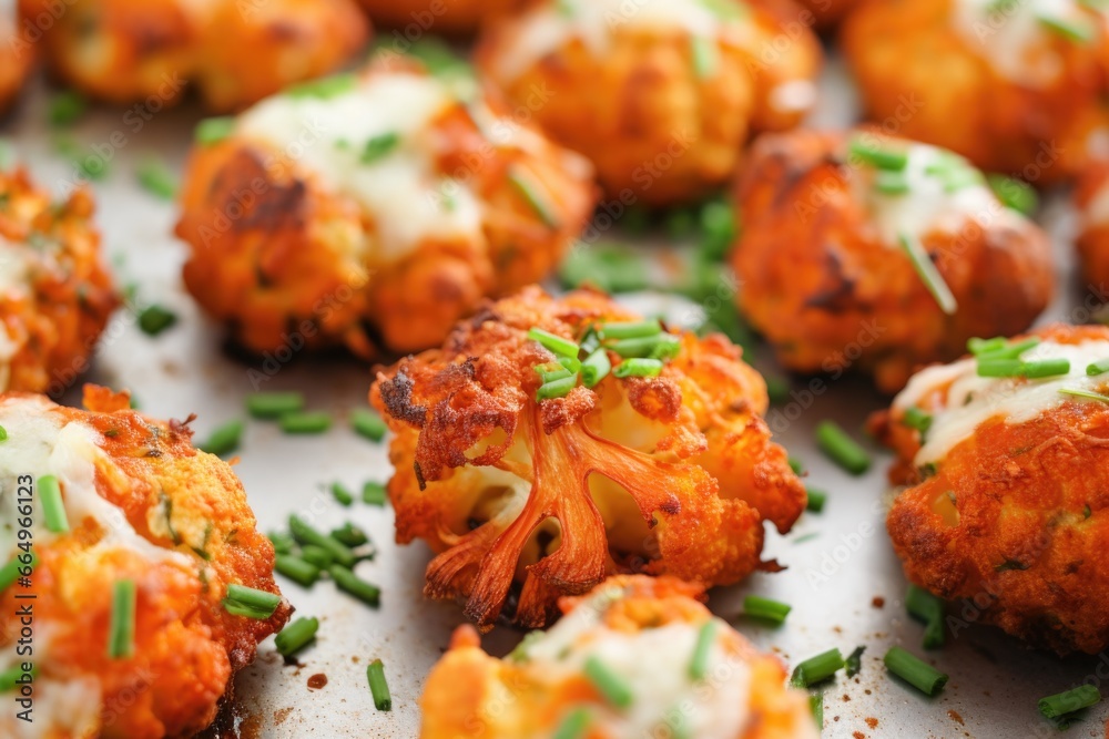 macro shot of buffalo-roasted cauliflower bites macro shot of buffalo-roasted cauliflower bites