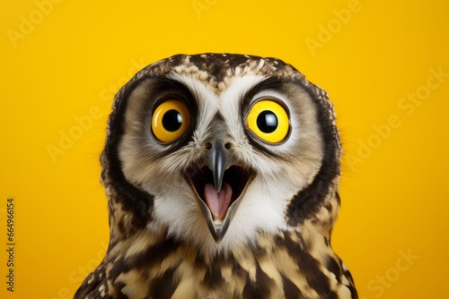Surprised owl isolated on yellow background. Season of discounts and sales