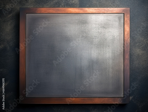 Grey rectangle in a bronze frame, geometric background with space for text.