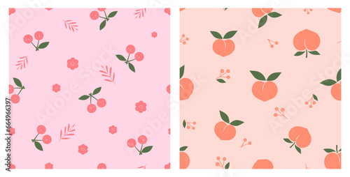 Seamless pattern with cherry on pink background and peach on orange background vector illustration. Cute fruit print.