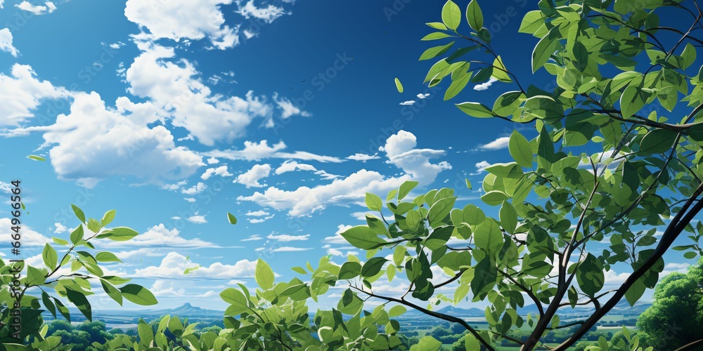 Fresh Green Leaves with Cloudy Blue Sky View Fresh Green Leaves with Cloudy Blue Sky View
