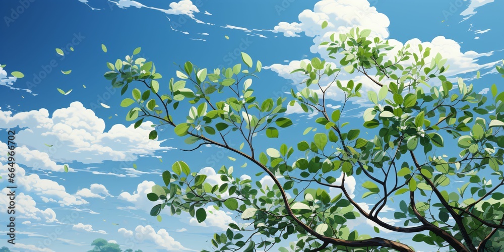 Fresh Green Leaves with Cloudy Blue Sky View Fresh Green Leaves with Cloudy Blue Sky View