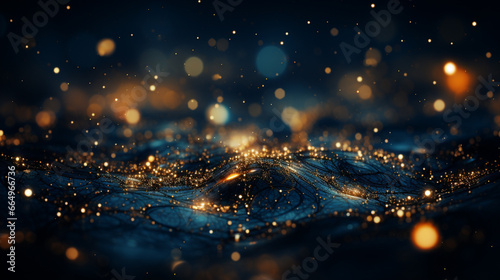 Golden Elegance: Abstract Dark Blue Background with Glistening Gold Particles, a Captivating Blend of Christmas Light Shine and Festive Bokeh