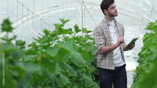 Guy with the tablet slowly inspect plants