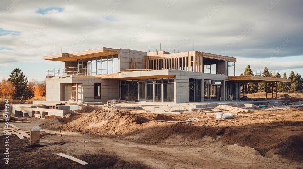 Obraz premium Building a modern house with flat roof, construction site, large windows and structural elements