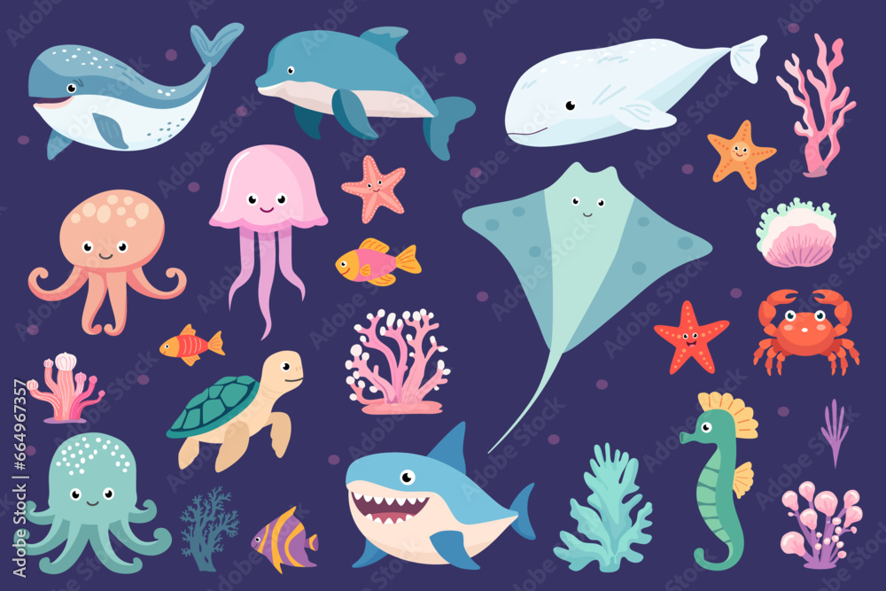 Cartoon sea cute animals. Underwater wildlife creatures vector illustration collection
