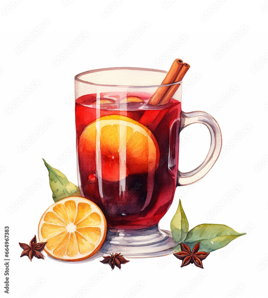 Watercolor illustration of hot mulled wine in a glass with spices isolated on white background