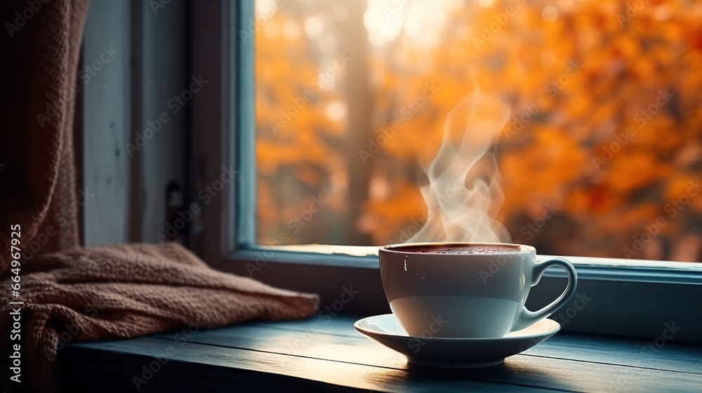 Cup of hot autumn coffee or tea on the window. Living in Hygge style. Hot drink in cold autumn fall weather halloween - obrazy, fototapety, plakaty 